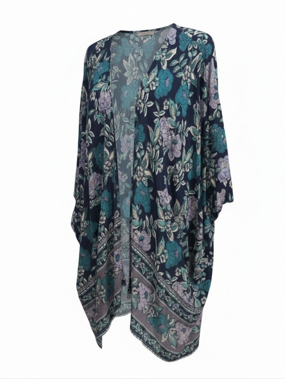 Angie Kimono Duster Sz M Navy Blue Teal Floral Open Front Boho Hippie Romantic